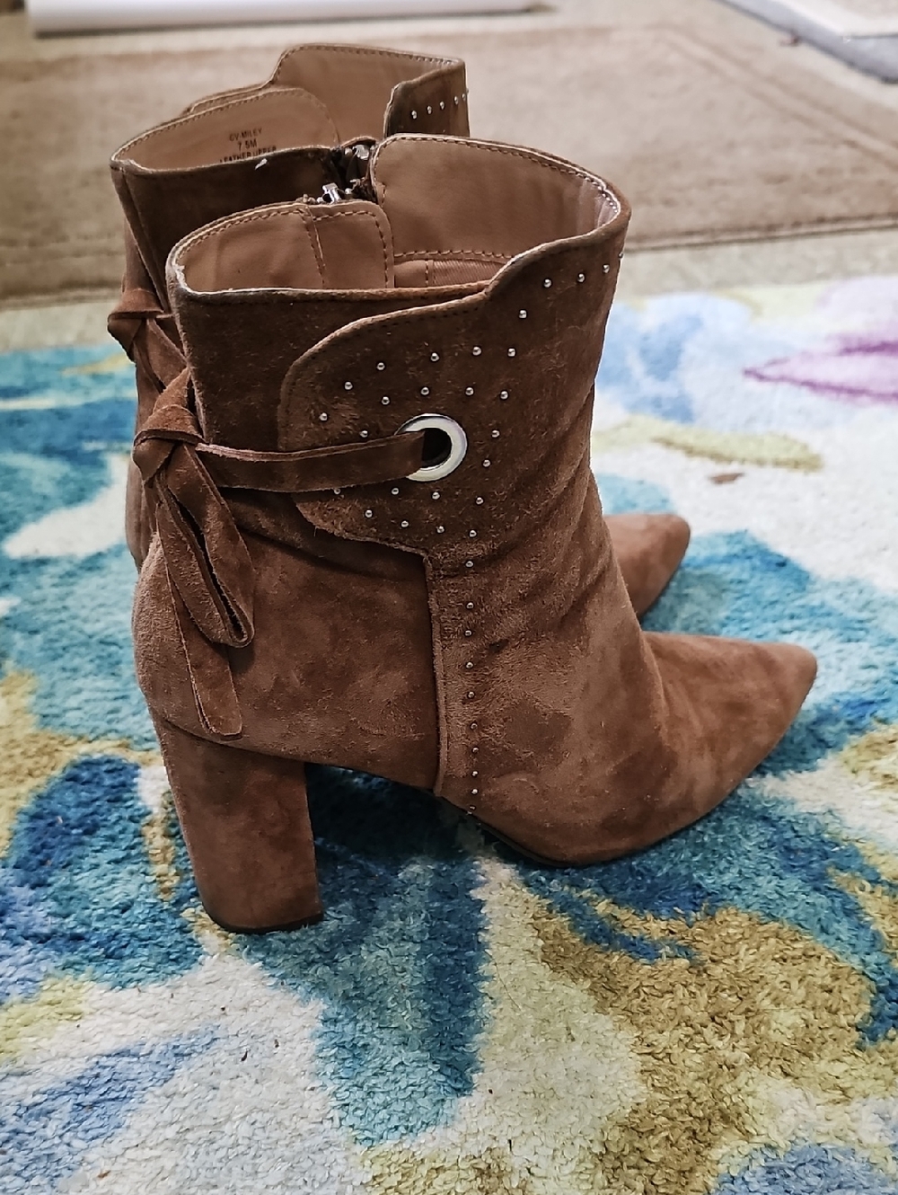 Chelsea & Violet Tan Suede Pointed Toe Ankle Boots with Stud Accents Size 7.5